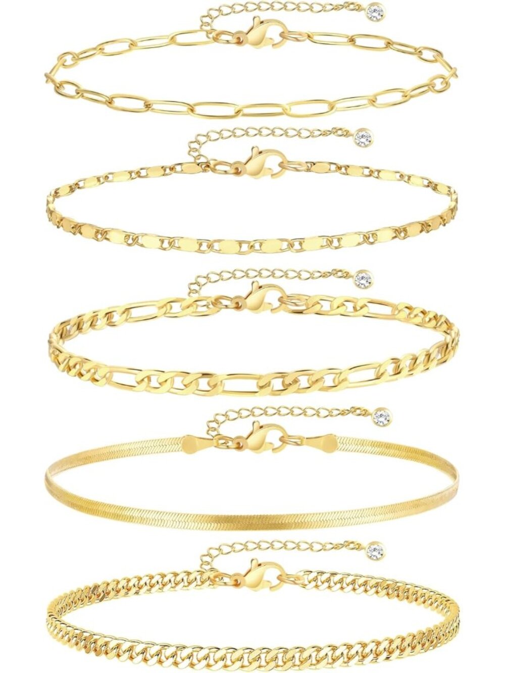Women's 14k Gold Plated Waterproof Cuban Link Chain Layered Anklet Bracelets